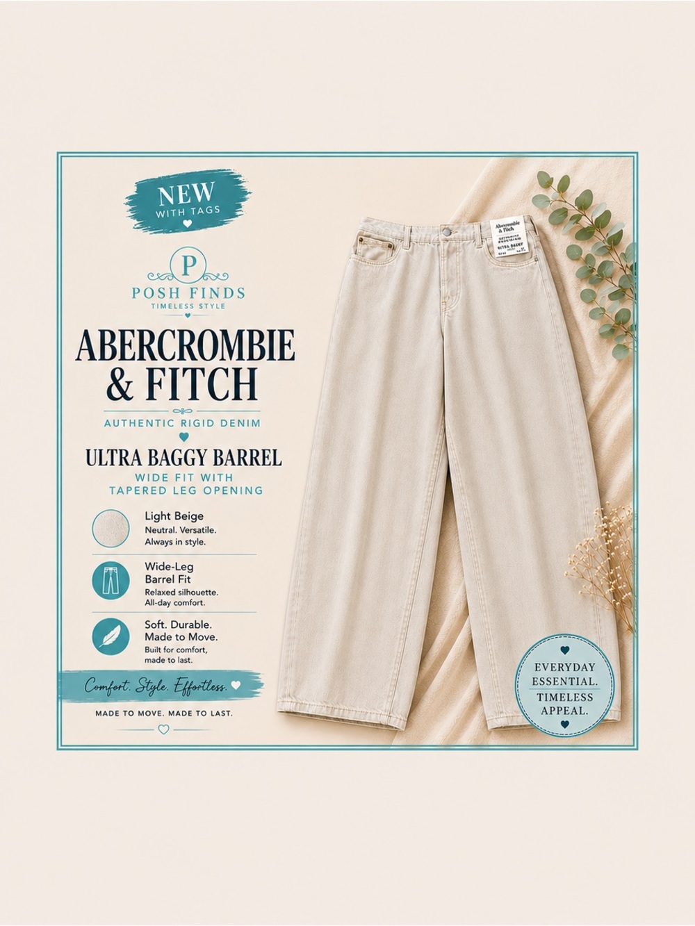 Abercrombie & Fitch Ultra Baggy Barrel Jeans Wide Leg in Light Beige NWT Y2K